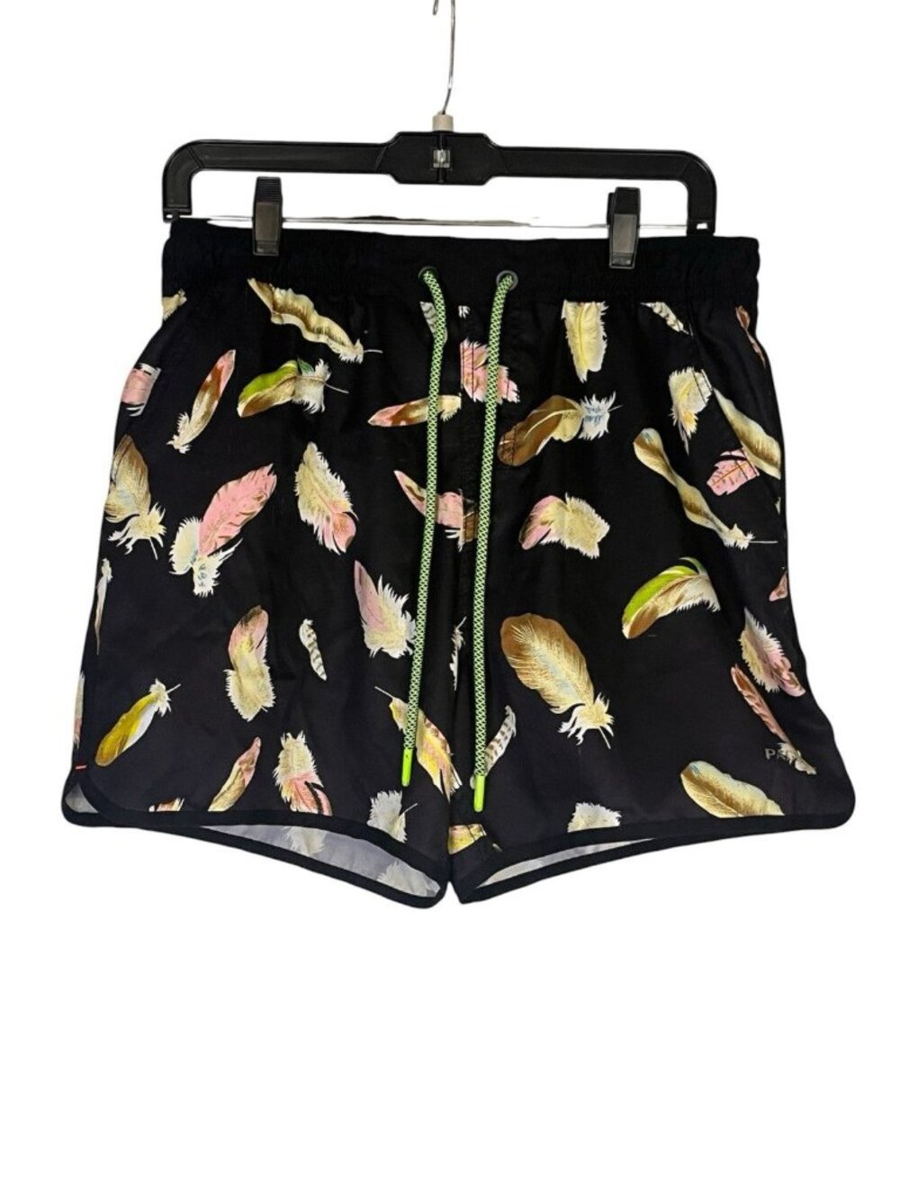 Page One Men's Black Feather Pattern Swim Shorts Size Large Quick Dry Mesh Linin